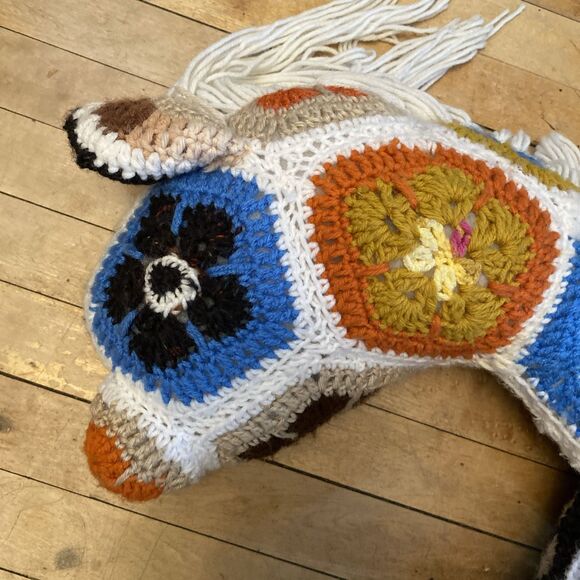 Vintage Crocheted Afghan Horse Pony Pillow Huge 18”x30” Floral Retro 70’s - Picture 2 of 16